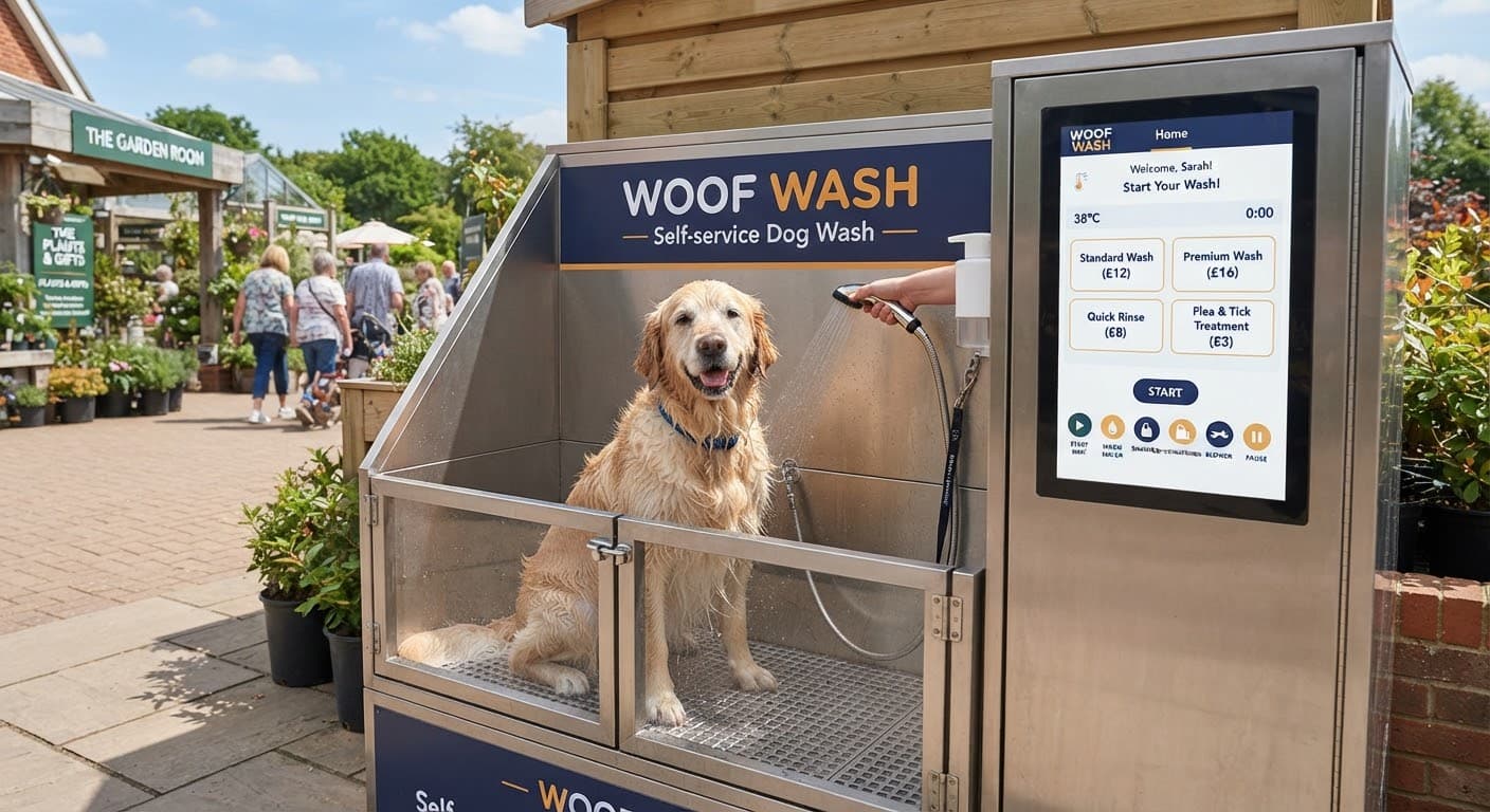 Golden retriever in a vinwoof self-service station at a garden centre